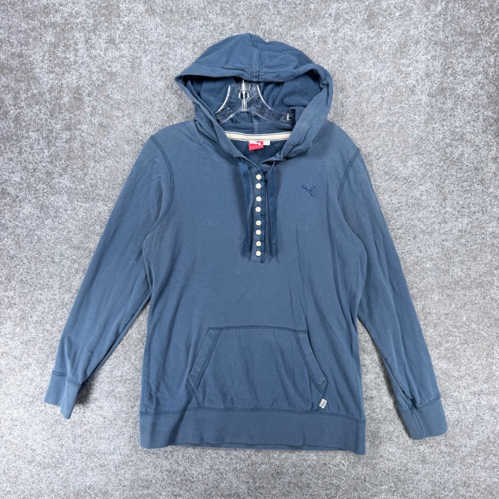 Puma Womens Large Blue Henley Hoodie Pullover Long Sleeve Logo Casual Stain